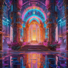 Futuristic Maximalist Holographic Temple Oil Painting