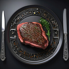 Techno-Gothic Styled Steak on Ceramic Plate: Futuristic Industrial Kitchen