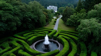 Aerial View of a Giant Green Maze Surrounded by Dense Hedges