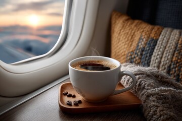 Cozy Airplane Cabin with Coffee and Window View at Sunset
