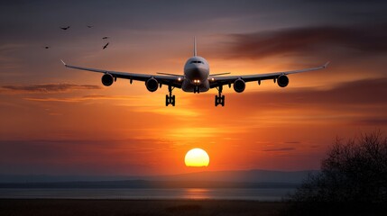 Airplane Silhouette Against Bright Sunset Sky Over a Calm Horizon