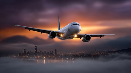 Airplane Flying Above City Skyline at Dusk with Glowing Horizon