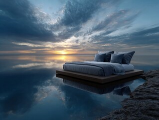 Serene Bed Levitation Over Calm Sea with Reflection in Sky