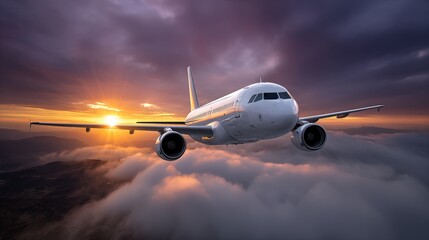 Airplane Flying Above Clouds During Golden Hour with Dramatic Light