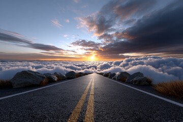 Conceptual Long Road Fading Into Clouds at Sunset