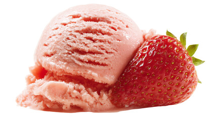 a strawberry and ice cream with a scoop of it