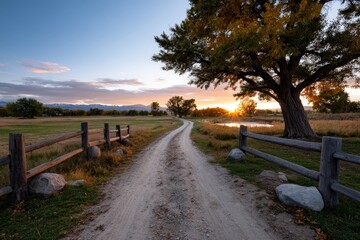 Serene Dirt Road Through Rural Farmland at Sunset with Wooden Fence