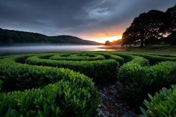 Mysterious Green Maze at Sunrise with Long Shadows and Fog