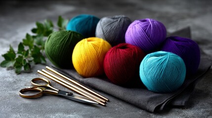 Multicolored Wool Yarns and Knitting Needles on a Flat Surface