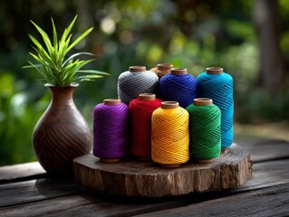 Vibrant Yarn Spools Wrapped in Colorful Wool on Rustic Wooden Base