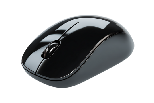 Black wireless computer mouse isolated on black background