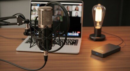Professional podcasting setup with vintage microphone, laptop displaying video conference, and retro Edison bulb lamp on a wooden desk, ideal for remote work and online communication.