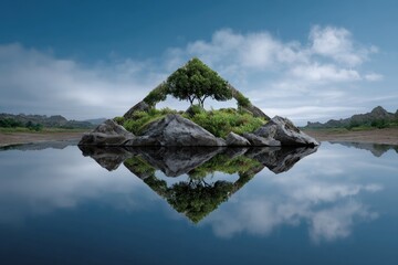 Surreal Symmetrical Composition of Floating Islands in Tranquil Waters