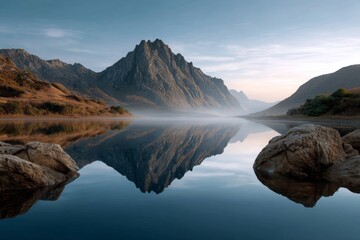 Serene Reflection of Mountain in Calm Lake at Dawn with Symmetry