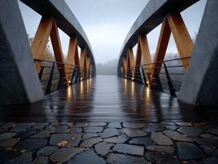 Modern Symmetrical Bridge Structure in Misty Landscape
