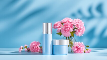 Elegant blue cosmetic bottles and jars are displayed with fresh pink carnations against a soft blue background, creating a fresh and calming beauty scene.