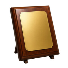 A distinguished wooden award plaque featuring a blank golden plate, perfect for custom text or logos, symbolizing achievement and recognition.
