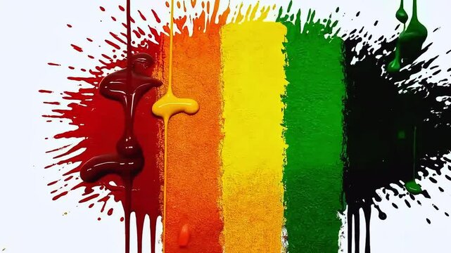 Colorful paint drips and splashes, creating a dynamic abstract pattern on a clean white backdrop