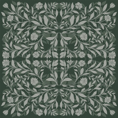 Seamless pattern with leaves and flowers on a green background
