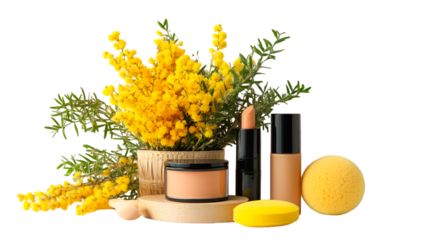 Elegant cosmetics still life showcasing lipstick, foundation, and sponge with yellow mimosa flowers against a dark backdrop, transparent background