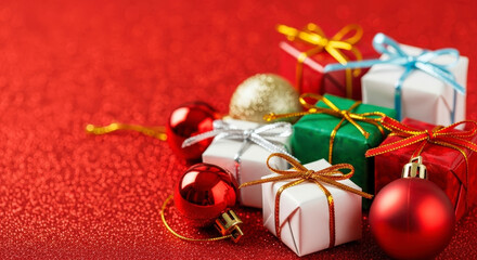 Festive Christmas Presents and Red Ornaments Scattered on Glittery Red Surface with Shiny Ribbons and Bows a Celebration of the Holiday Season