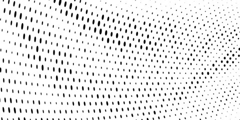 Black halftone dot wave pattern. Abstract grain fluid texture background. Dotted grit curve wallpaper. Rasterized undulate swoosh overlay for poster, leaflet, booklet, banner, brochure, flyer