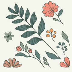 Set of hand drawn floral elements. Vector illustration in vintage style
