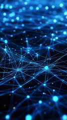 Abstract digital network, interconnected glowing blue nodes and lines, neural network. Ai generated image