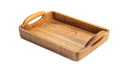 a wooden tray with handles on a white surface