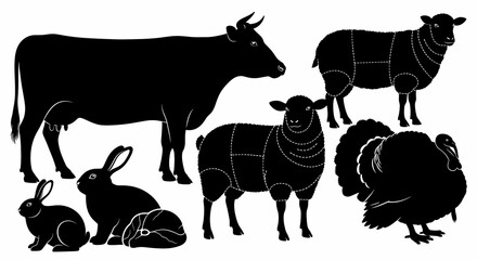 Black silhouettes of livestock animals including cow, sheep, turkey, and rabbits, showing butcher cut lines on some.