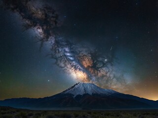 Photorealistic image of the Milky Way galaxy over a mountain landscape, clear night sky
