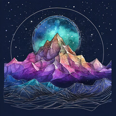 Wireframe Model: Fractal Aurora Peak Watercolor