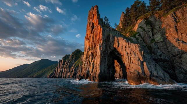 Dramatic rocky arch at sunset over a dramatic coastline