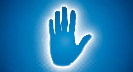 A glowing blue hand, palm facing forward, against a gradient background.