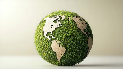 Technology and nature concept.A globe made of green leaves with continents crafted from a textured beige material, symbolizing eco-friendly Earth. - Powered by Adobe