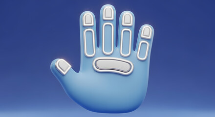A blue cartoon hand with white accents is raised in a gesture, set against a gradient blue background.