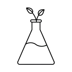 Line Art Illustration of a Chemical Erlenmeyer Flask with Liquid and Two Green Leaves Sprouting Inside for Plant Science