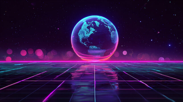 Digital earth globe glows on a neon grid reflecting in water under a starry sky