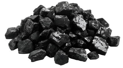 A striking pile of raw coal shimmers against a dark backdrop, perfect for illustrating energy, mining, or industrial themes, transparent background