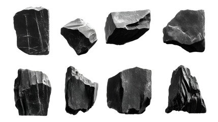 Sleek obsidian shards are displayed against a transparent background, providing a modern and minimalist texture for graphic designs.