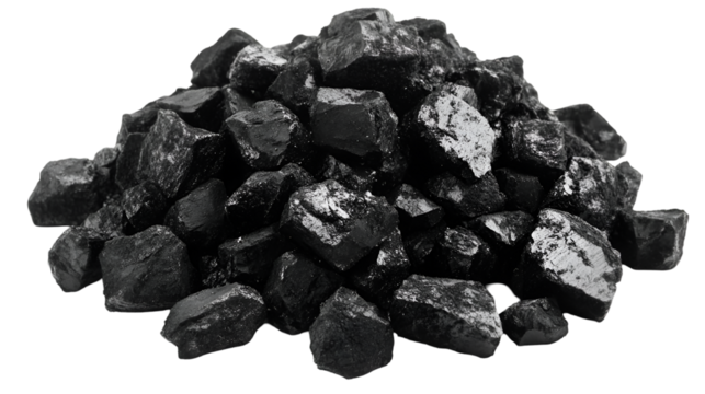 A striking pile of raw coal shimmers against a dark backdrop, perfect for illustrating energy, mining, or industrial themes, transparent background