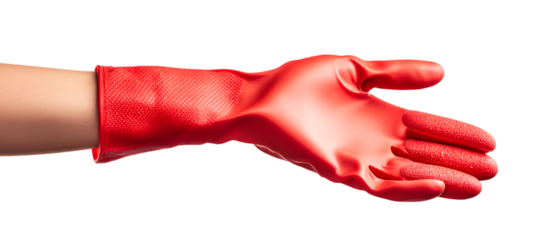 A red rubber glove on a hand with a transparent background offers a helping hand for cleaning or gardening tasks.