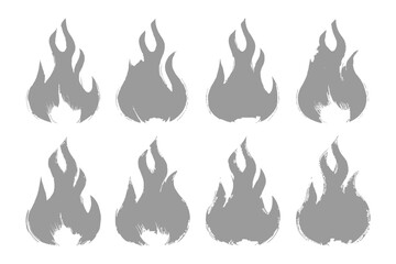 Burning with Artistic Expression: An array of gray fire flames, meticulously hand-drawn with a brush, evoking raw energy and dynamic movement, suitable for diverse design applications.