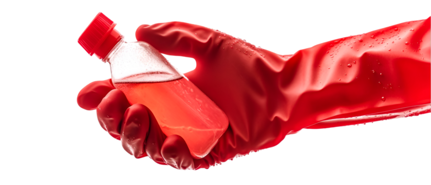 A red gloved hand presents a bottle filled with a pink liquid against a stark transparent background for a laboratory or science theme.