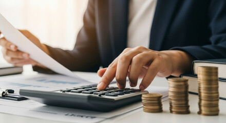 Close Up of Business Person Calculating Finance with Coins and Documents on White Table in Bright Office Setting