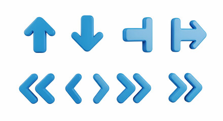 3D Blue Arrow Icons Set Up, Down, Left, Right, Double Arrows for Web Design