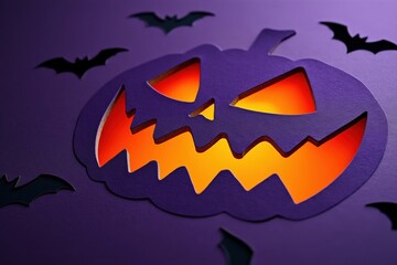 Fototapeta premium Eerie Halloween Pumpkin Cutout with Bats on Purple Background for Festive Holiday Decorations