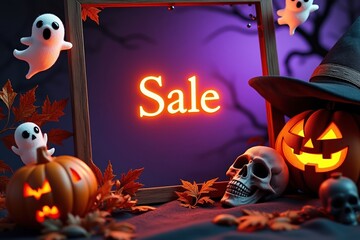 Halloween Sale Display with Pumpkins, Skulls, Ghosts, and Witch Hat on Dark Purple Background