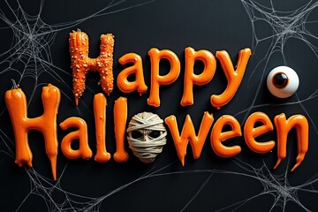 Happy Halloween Typography with Mummy, Eyeball, and Pumpkin on Black Background for Festive Decor