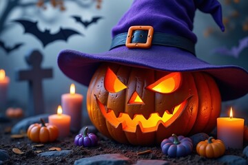 Illuminated Halloween Pumpkin with Witch Hat and Candles on Dark Background for Festive Holiday